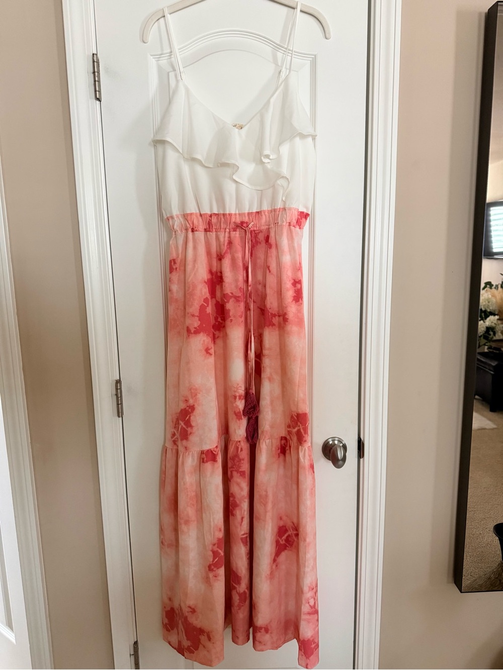 White & Coral Pink Floral Maxi Dress